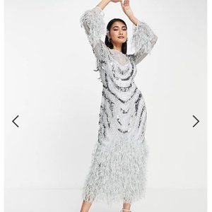 ASOS EDITION SEQUIN WAVE MIDI DRESS WITH FAUX FEATHER HEM ICE BLUE 4